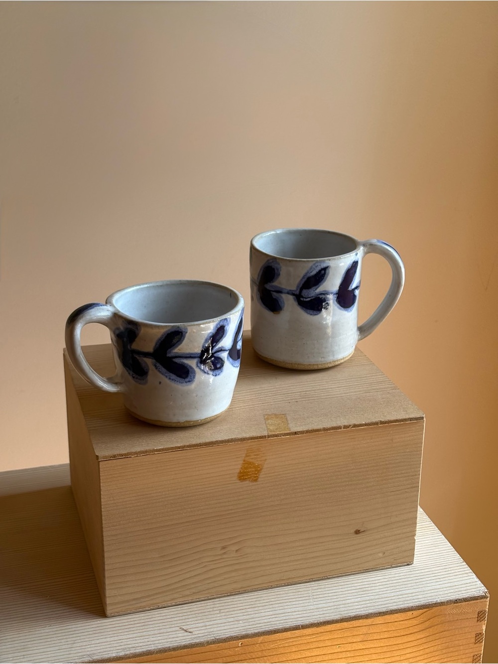 Pair of Vintage Handmade Ceramic Mugs with Modern Blue Vine Design
